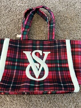 Victoria Secret Red Plaid Tote Bag with White Monogram
